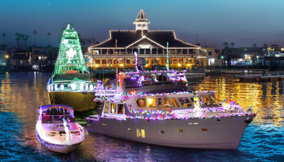 Boats decorated with Holiday Lights